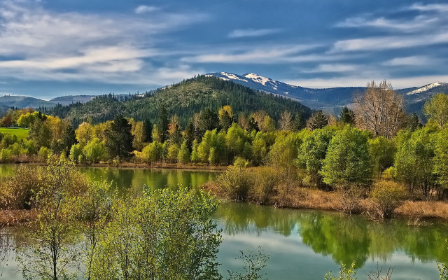 River trees mountains cloudy sky free wallpaper - medium preview image
