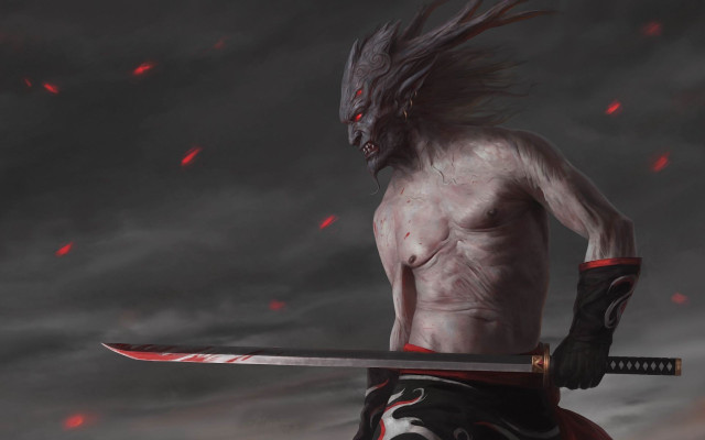 Dark demon faced swordman blood free wallpaper - medium preview image