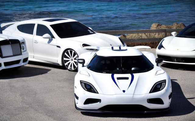 Three white sports cars ocean free wallpaper - medium preview image