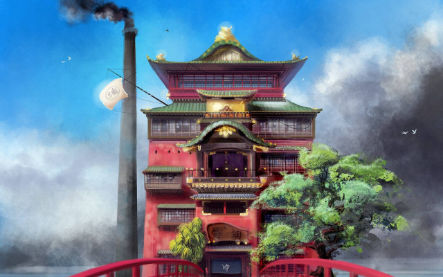 Red bridge building tree city free wallpaper - medium preview image