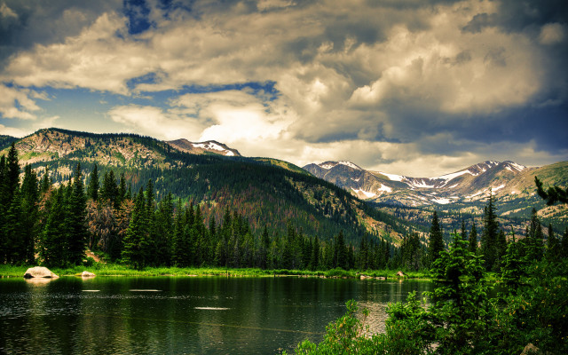 Mountain lake forest sunset cityscape free wallpaper for desktop - medium preview image