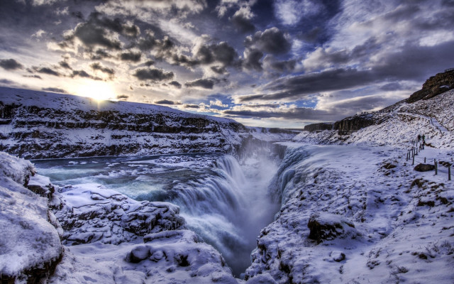 Waterfall snowy landscape sunset cloudy free wallpaper - medium preview image