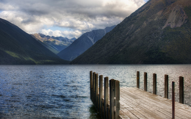 Wooden dock lake mountains clouds free wallpaper - medium preview image