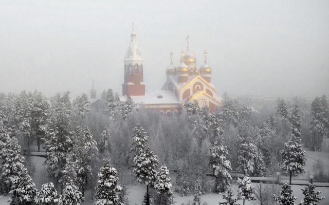Church snowy forest trees winter free wallpaper - medium preview image