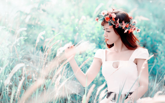 Woman white dress field flower #2 free wallpaper - medium preview image