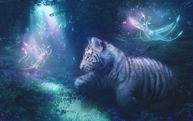 White tiger grass bird forest free wallpaper - medium preview image