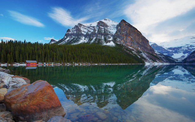 Mountain lake reflection cabin forest free wallpaper - medium preview image
