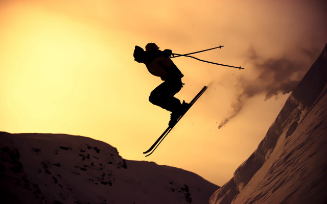 Skier trick cinematic sunset silhouette free wallpaper - medium preview image