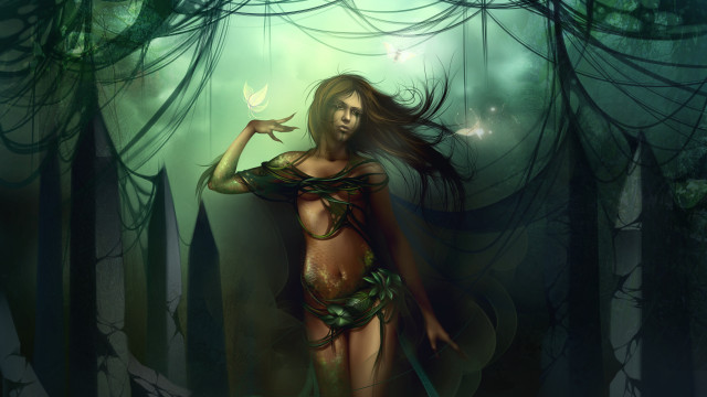 Woman forest butterfly green dress free wallpaper - medium preview image