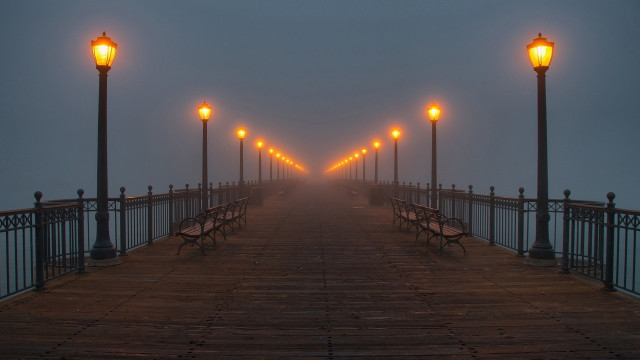 Pier benches foggy evening lights free wallpaper - medium preview image