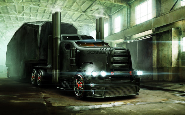Semi truck warehouse bright light free wallpaper - medium preview image