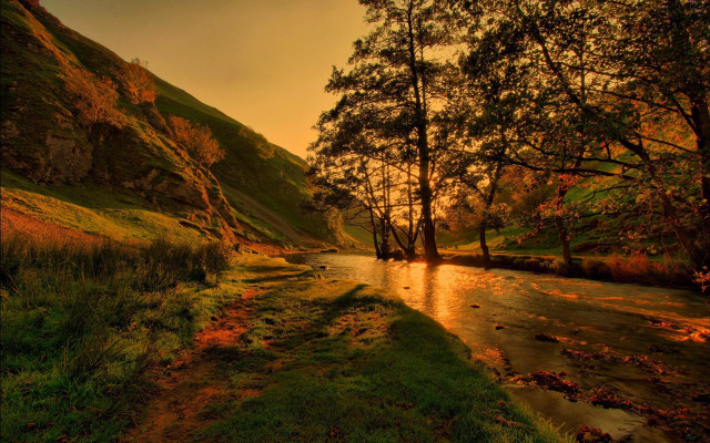 River hillside forest autumn campfire free wallpaper - medium preview image