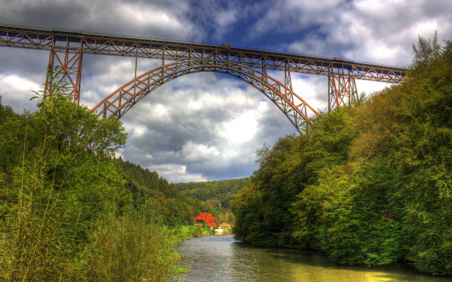 Bridge river redbuildings germanromanticism polarizing free wallpaper - medium preview image