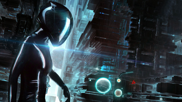 Futuristic woman cyberpunk cityscape bridge free wallpaper - medium preview image