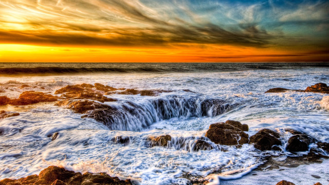 Sunset ocean waves rocks cloudy free wallpaper - medium preview image