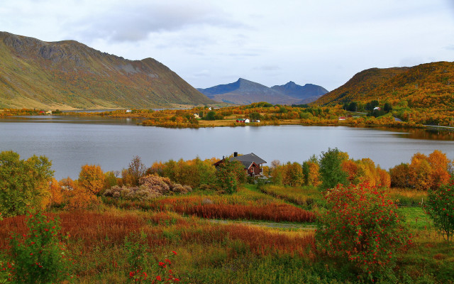 House lake mountains autumn sky free wallpaper - medium preview image