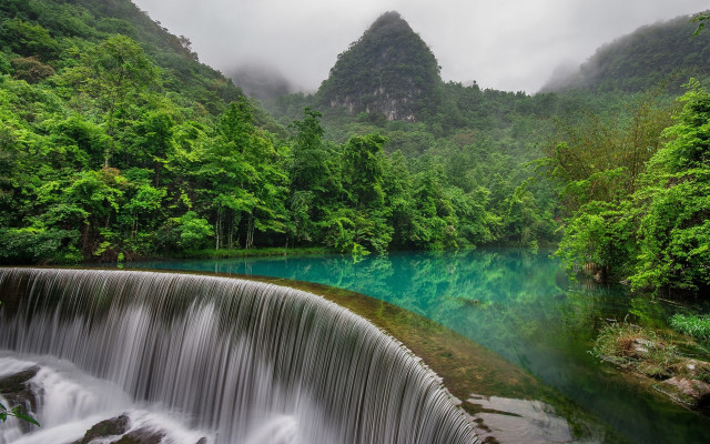 Waterfall blue pool trees mountains free wallpaper - medium preview image