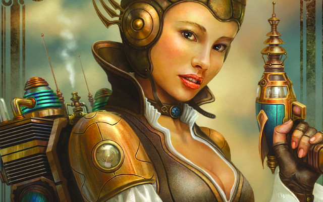 Steampunk woman gun lightbulb goggles free wallpaper - medium preview image