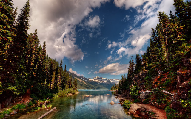 River mountains forest clouds sunset free wallpaper - medium preview image