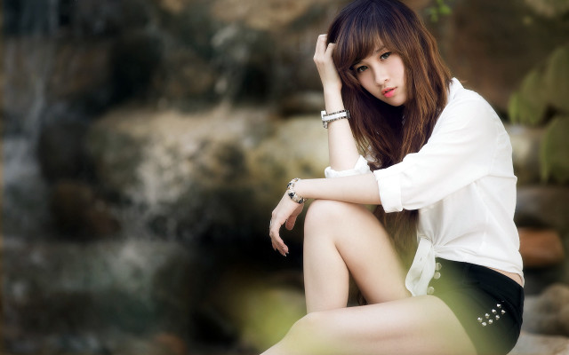 Woman rock waterfall bokeh jewelry free wallpaper - medium preview image