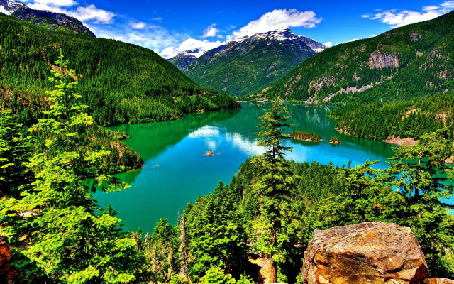 Lake mountains trees boat forest free wallpaper - medium preview image