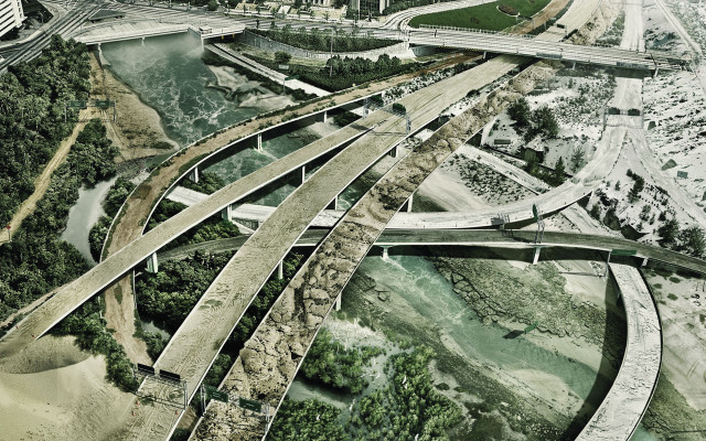 Highway bridge tallbuildings nature overgrown free wallpaper - medium preview image