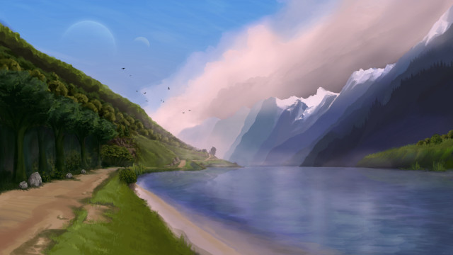 Mountain lake path forest sky free wallpaper - medium preview image