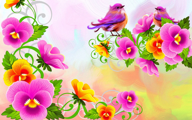 Bird branch flowers pink background free wallpaper - medium preview image