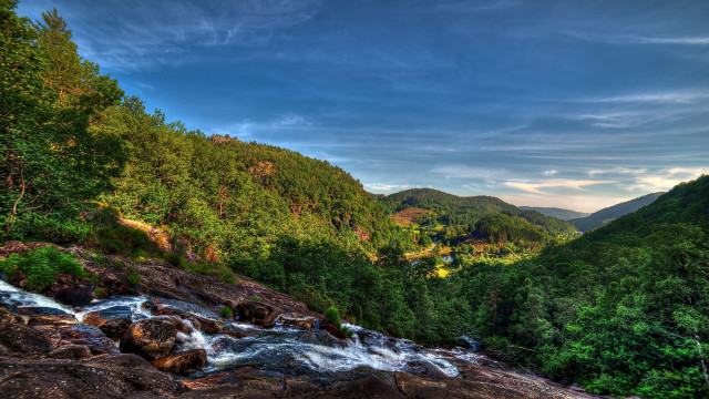 River forest hillside clouds blue free wallpaper - medium preview image