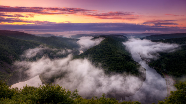 River mountains clouds sunset pink free wallpaper - medium preview image