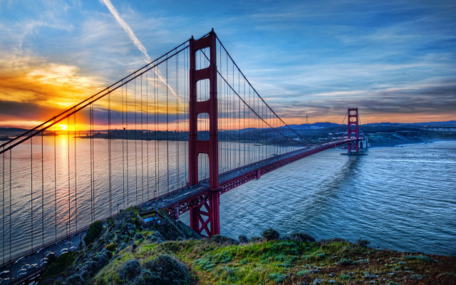 Sunset bridge city water mountains free wallpaper - medium preview image