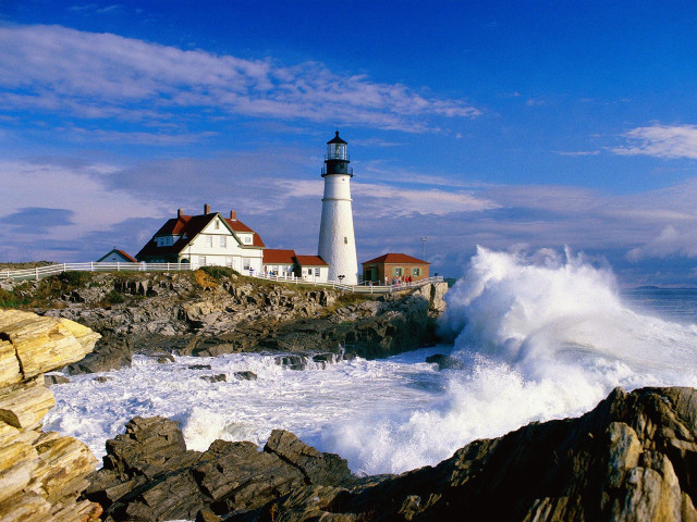 Lighthouse rocky shore wave cliff free wallpaper - medium preview image