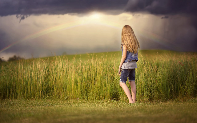 Woman rainbow cloud field horizon free wallpaper - medium preview image