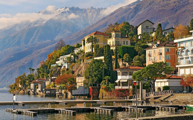 Lake houses mountains dock skyline free wallpaper - medium preview image