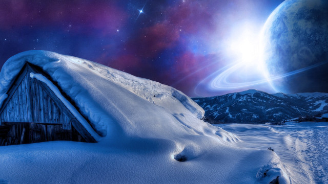 Snow house planet star night free wallpaper - medium preview image