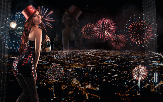 Woman red hat city skyline free wallpaper - medium preview image