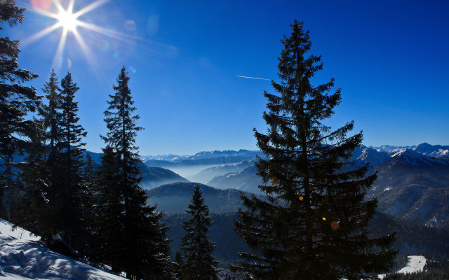 Mountain range sunlight trees lake free wallpaper - medium preview image