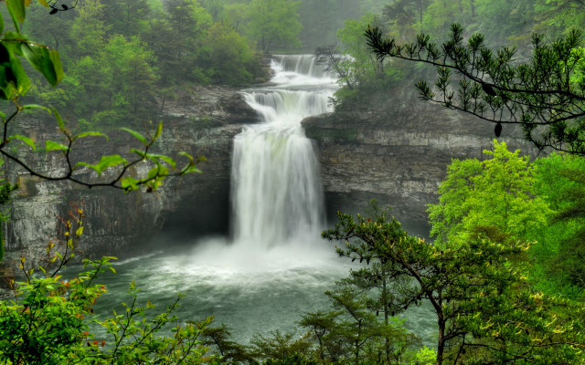Waterfall forest foggy sky tilt free wallpaper - medium preview image