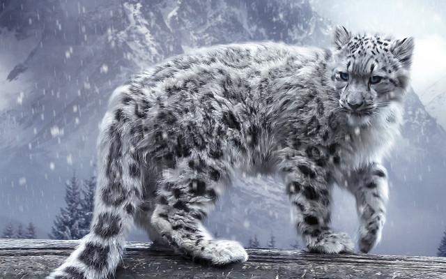 Snow leopard log snow mountains free wallpaper - medium preview image