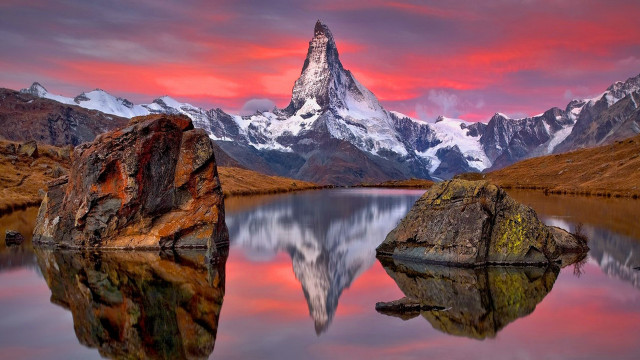 Mountain lake rocks sunset pink #2 free wallpaper - medium preview image