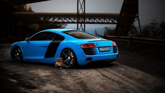 Blue sports car bridge person free wallpaper - medium preview image