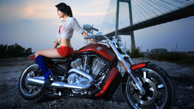 Woman motorcycle bridge sky mountain free wallpaper - medium preview image