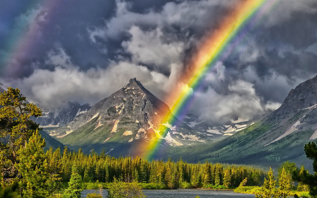 Rainbow mountains lake forest sunset free wallpaper - medium preview image