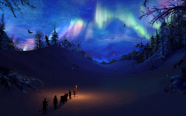 Aurora snowy night fantasy scene free wallpaper - medium preview image