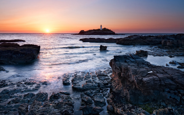Lighthouse rocky shore sunset water #2 free wallpaper - medium preview image