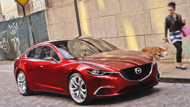 Red car walking dog street free wallpaper - medium preview image