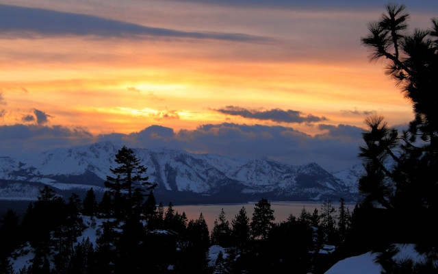 Sunset mountain range trees snow free wallpaper - medium preview image