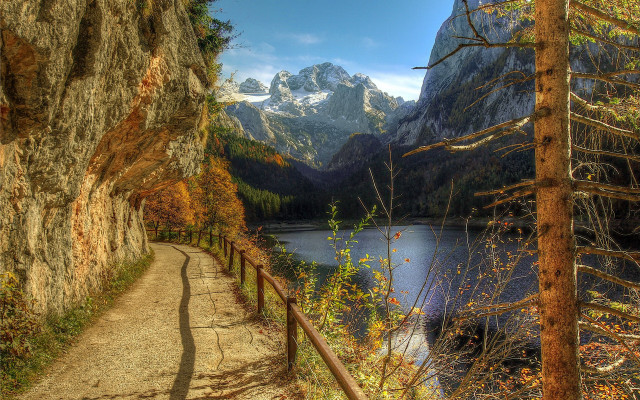 Mountain lake path trees sky free wallpaper - medium preview image
