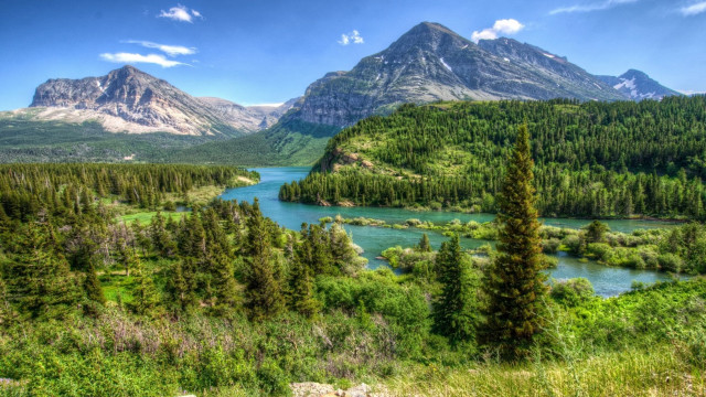 Scenic river mountains blue sky free wallpaper - medium preview image