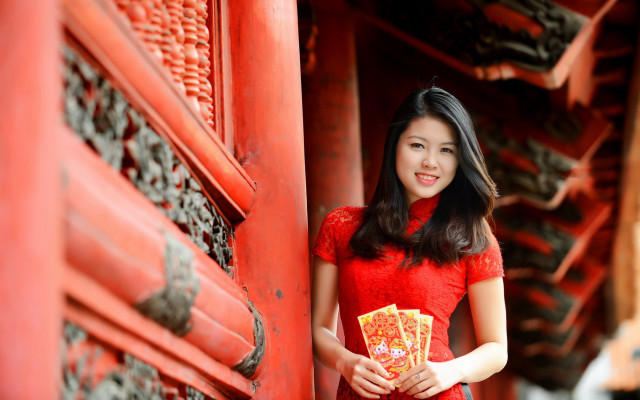 Red dress woman card smiling free wallpaper - medium preview image